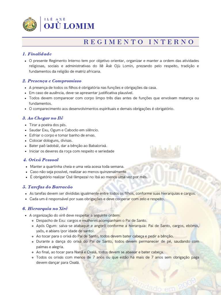 Regimento Interno do Ilê Àsè Ojù Lomin | PDF