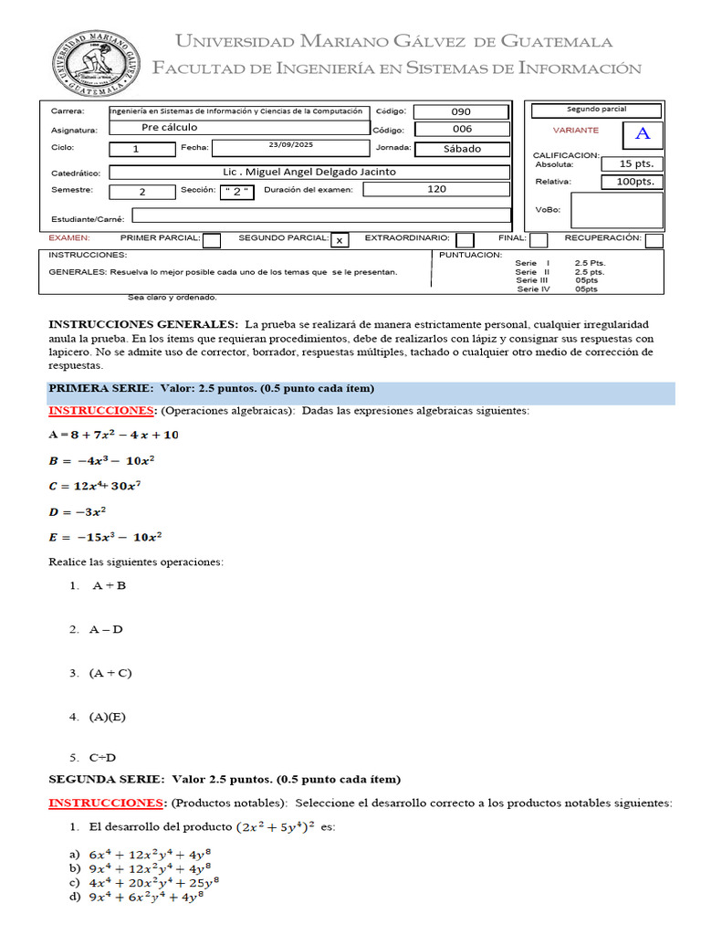 Segundo Parcial de Pre Calculo I 2025 Sección 2 PDF | PDF | Álgebra ...