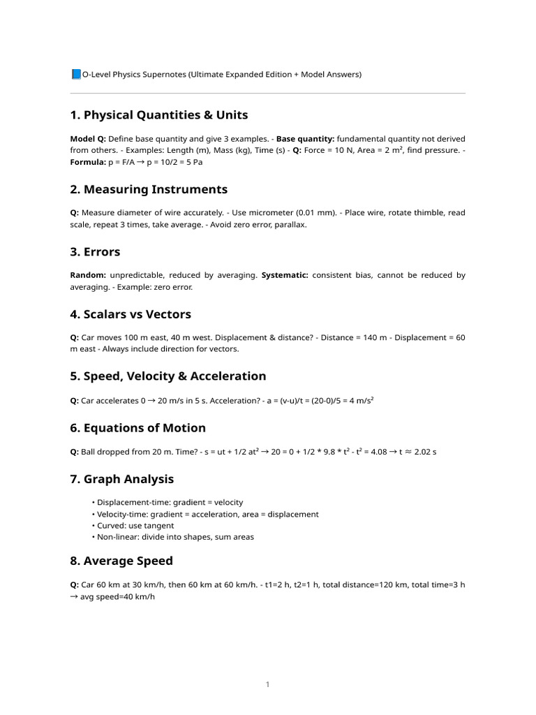 O-Level Physics Supernotes & Answers | PDF | Acceleration | Velocity