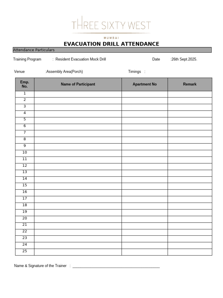 Evacuation Attendance Sheet | PDF