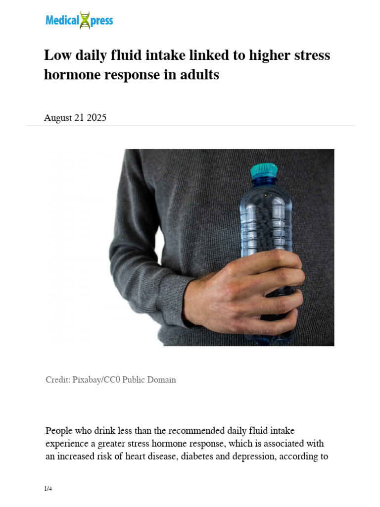 Low Fluid Intake Increases Stress Hormones | PDF | Dehydration | Stress ...