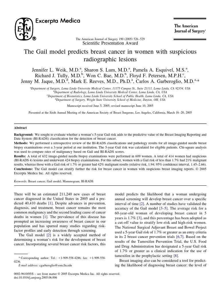 The Gail Model Predicts Breast Cancer in Women With Suspicious ...