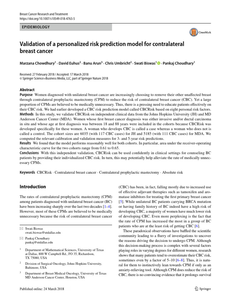 Validation of A Personalized Risk Prediction Model For Contralateral ...