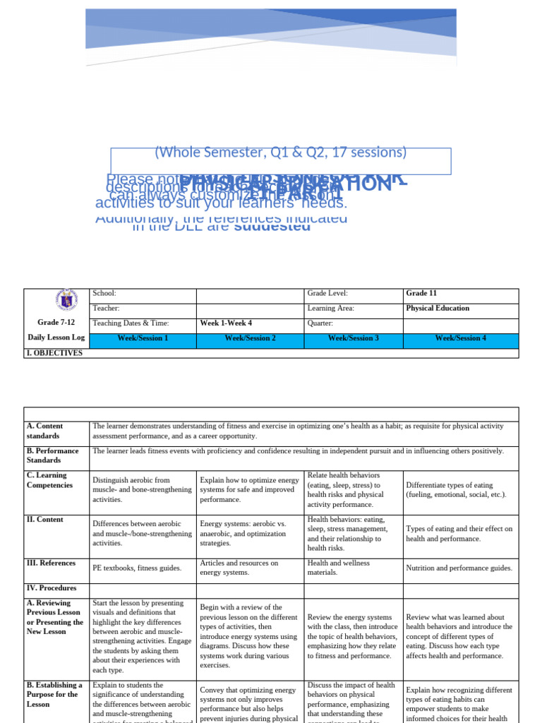 Grade 11 Physical Education Lesson Plan | PDF | Physical Fitness | Learning