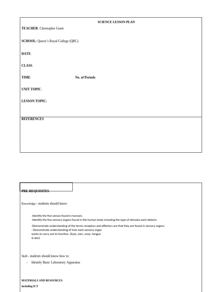 Science Lesson Plan Senses | PDF | Senses | Perception