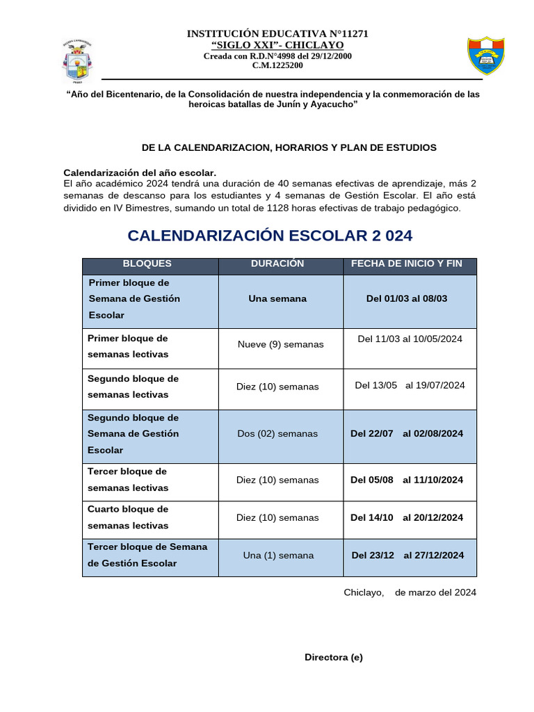 2 Calendarización, Plan de Estudio y Horarios 2024 | PDF | Aprendizaje ...