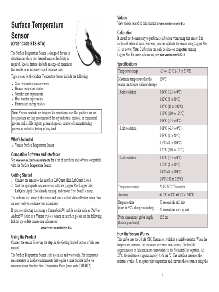Vernier Surface Temp Sensor Sts Bta Specifications Pdf Heat