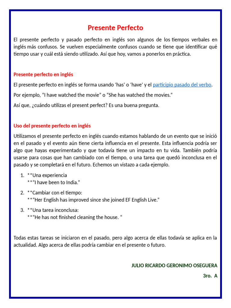 Uso del Presente Perfecto en Inglés | PDF