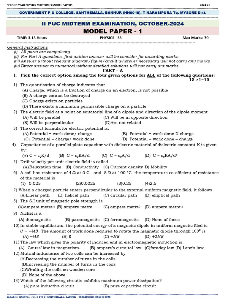 Second Year Physics Midterm Model Papers | PDF | Inductor | Magnetic Field
