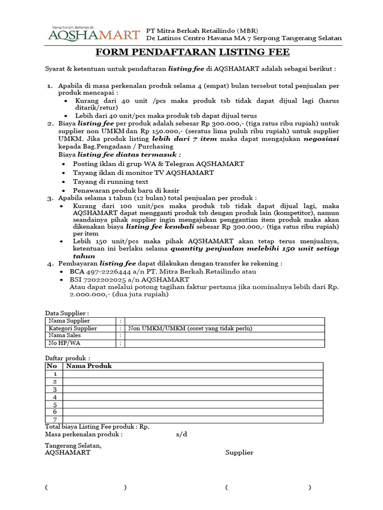 Pendaftaran Listing Fee AQSHAMART | PDF