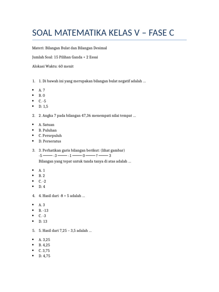 Soal Matematika Kelas V: Bilangan Bulat & Desimal | PDF