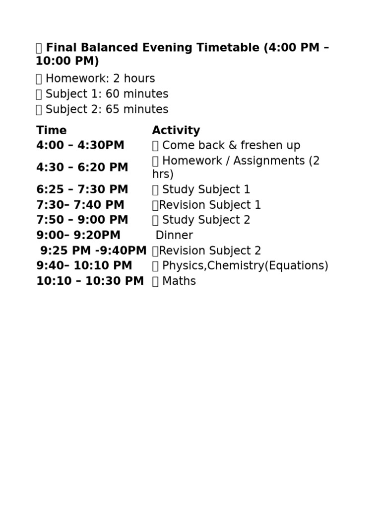 Balanced Evening Study Schedule | PDF