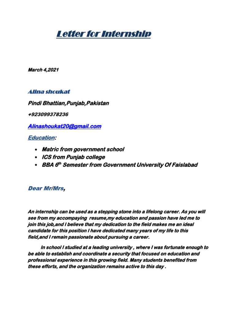 Internship Application Letter Template | PDF