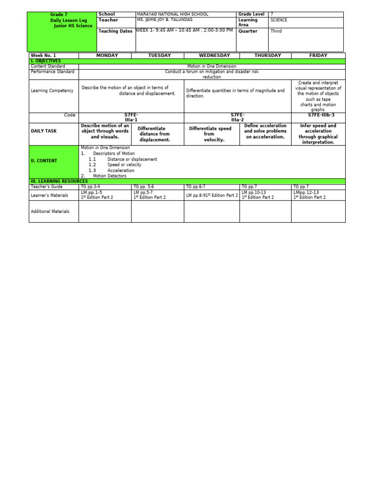 Grade 7 Science Daily Lesson Log | PDF | Waves | Sound