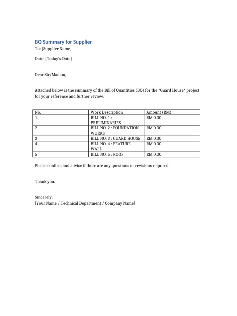 BQ Summary For Supplier | PDF