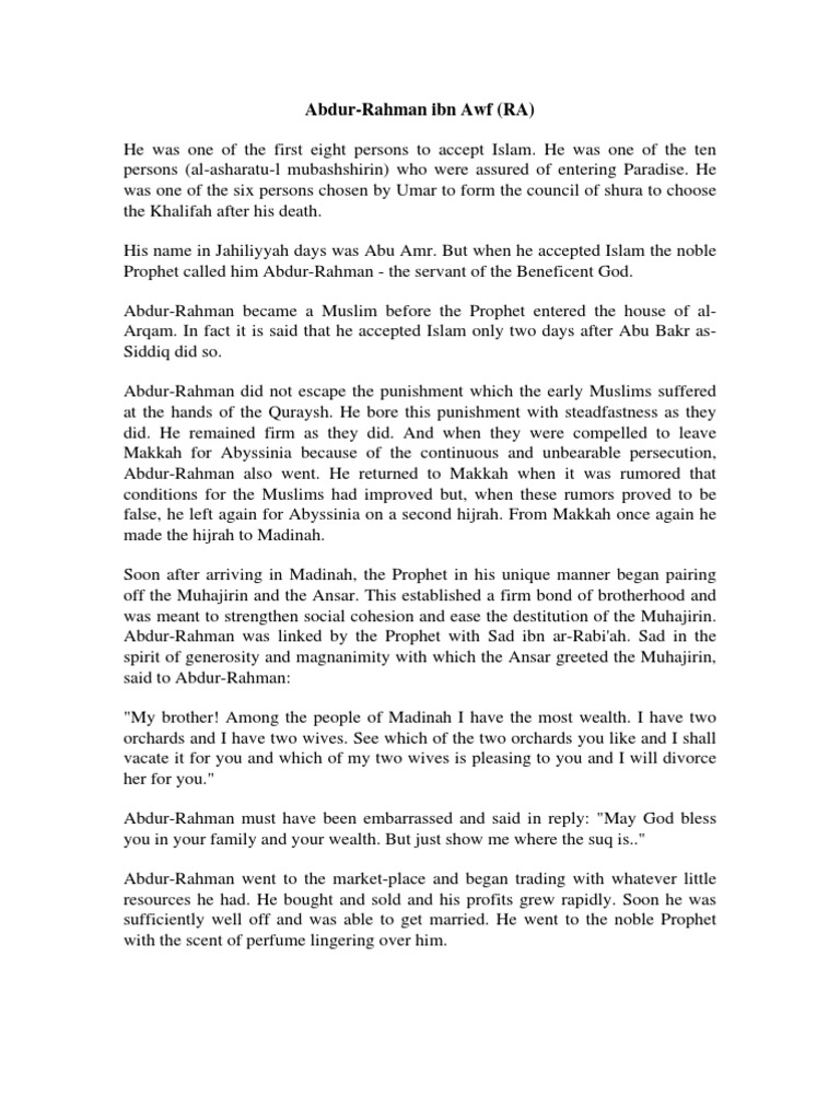 Abdur-Rahman ibn Awf: A Life of Faith and Wealth | PDF | Muhammad | Medina