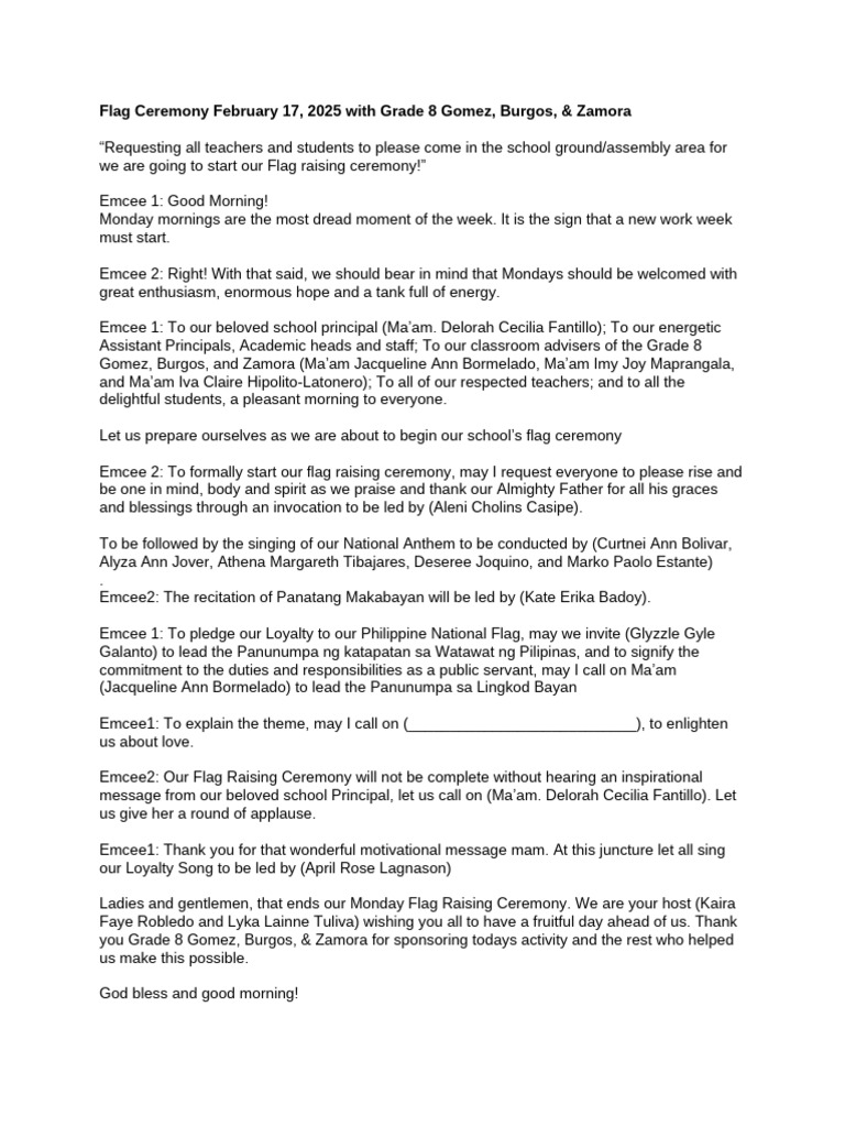 Flag Ceremony February 17 Emcee Script | PDF