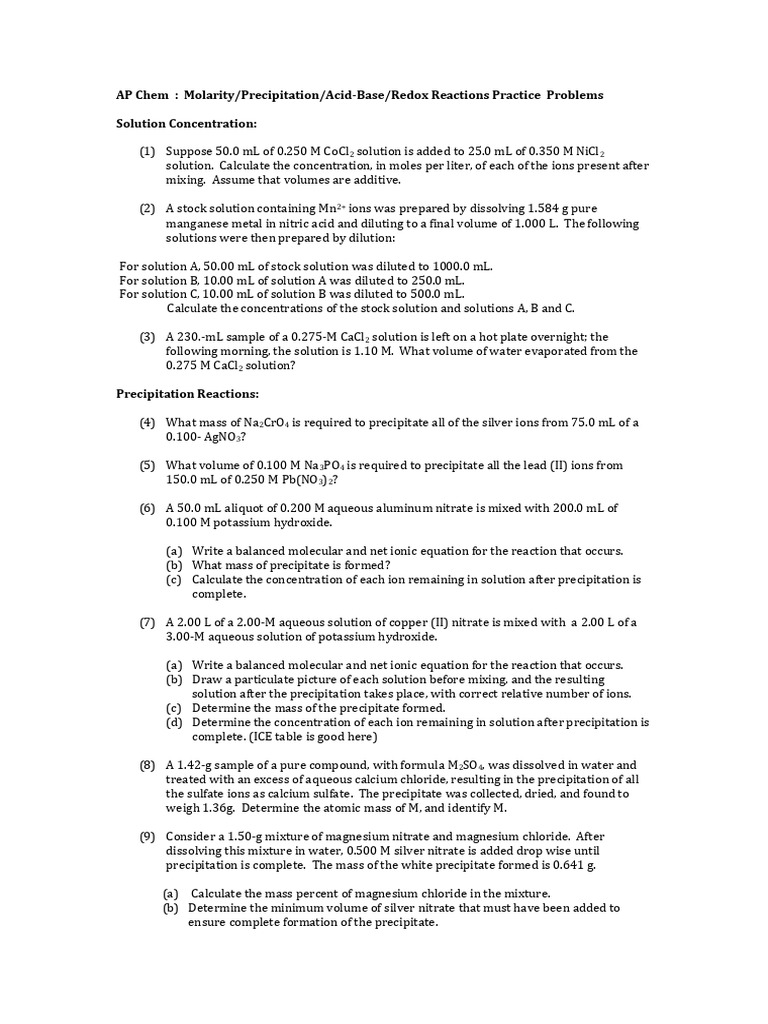 AP Chemistry Practice: Molarity & Reactions | PDF | Precipitation ...