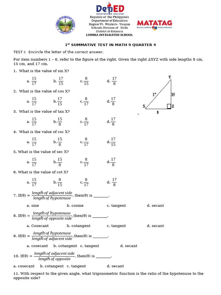 Math 9 Quarter 4 Summative Test | PDF | Trigonometric Functions ...