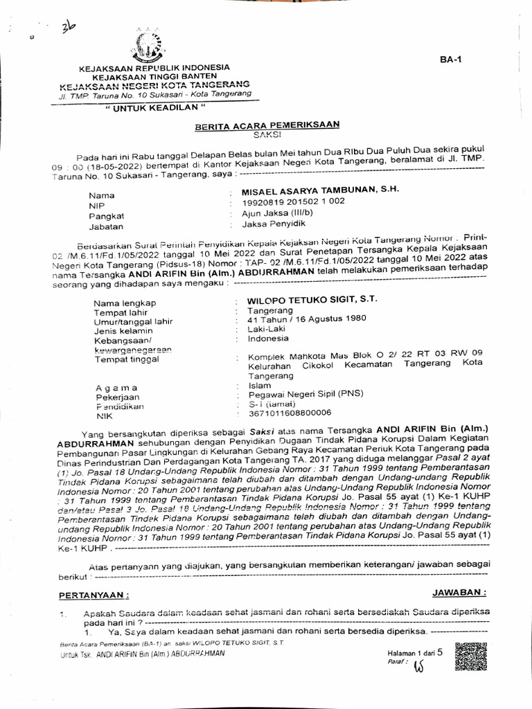 Contoh BAP Penyidikan Korupsi Tangerang | PDF