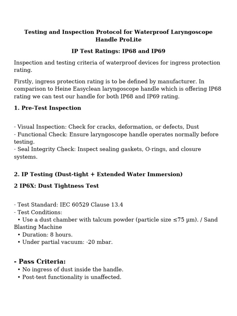 IP68 IP69 Laryngoscope Testing Protocol | PDF