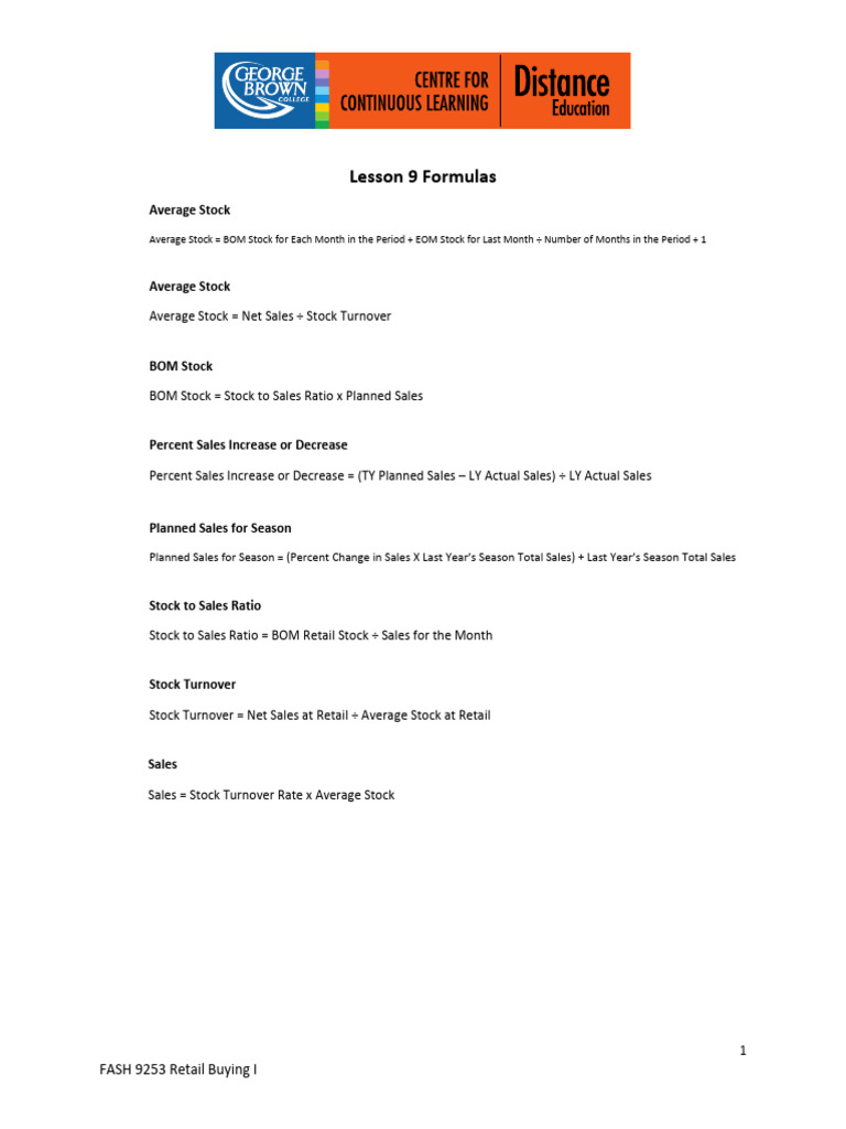 Lesson 9 Formulas | PDF