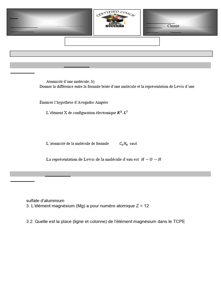 Évaluation de Chimie : Concepts et Calculs | PDF | Atomes | Magnésium