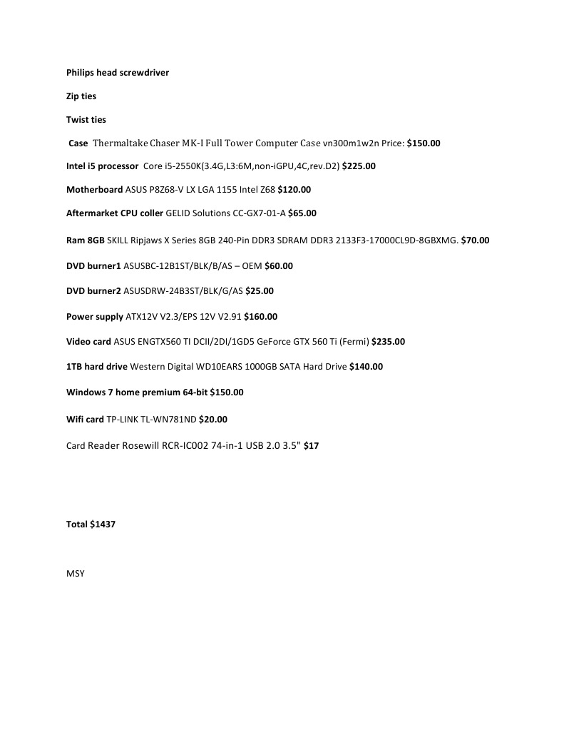 PC Build Components and Prices List | PDF