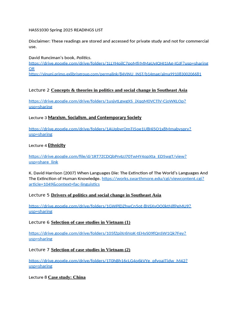 HASS1030 Spring 2025 Readings List | PDF
