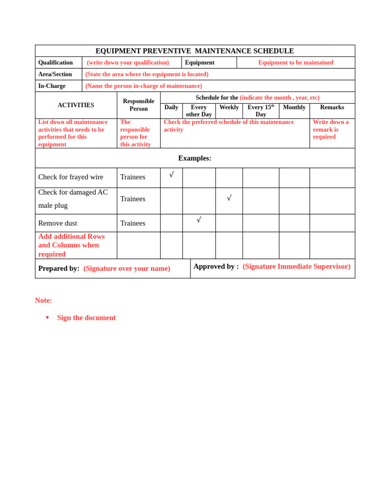 Template Equipment Maintenance Schedule | PDF