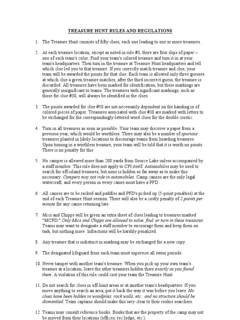 Cedar Point Island Treasure Hunt Rules and Regulations PDF Treasure