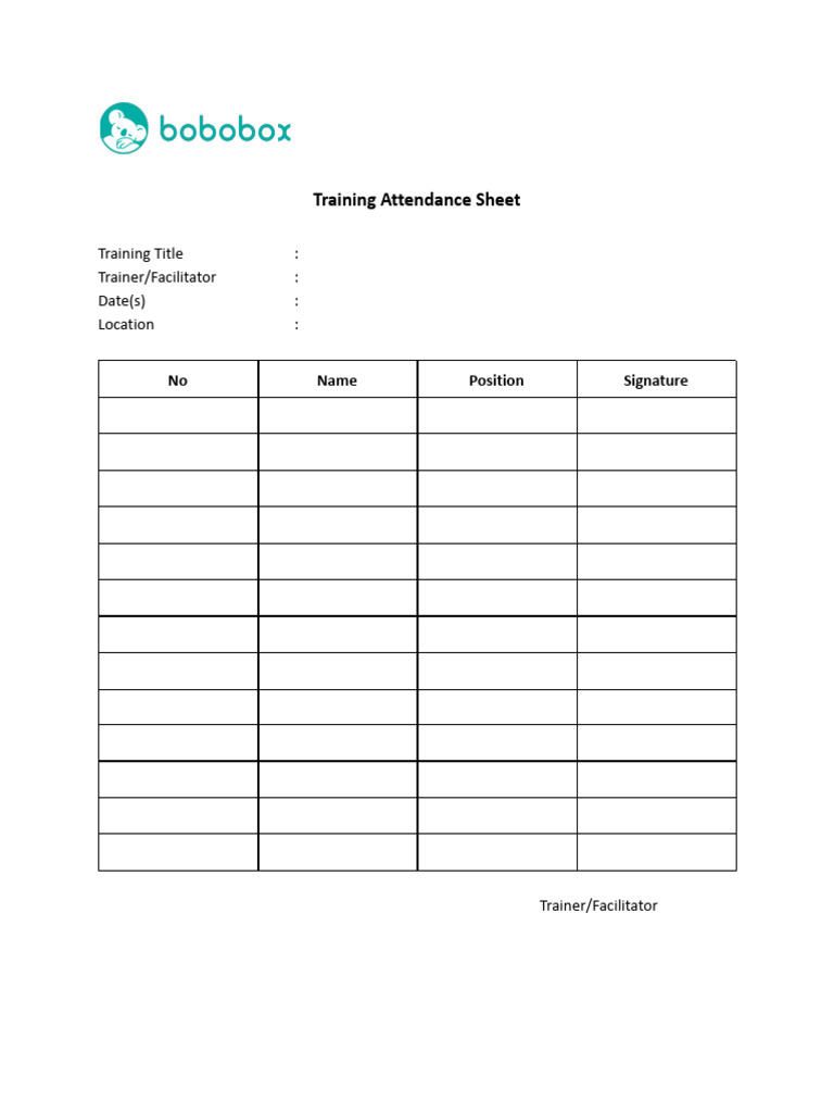 Template Training Attendance Sheet (Printable) | PDF