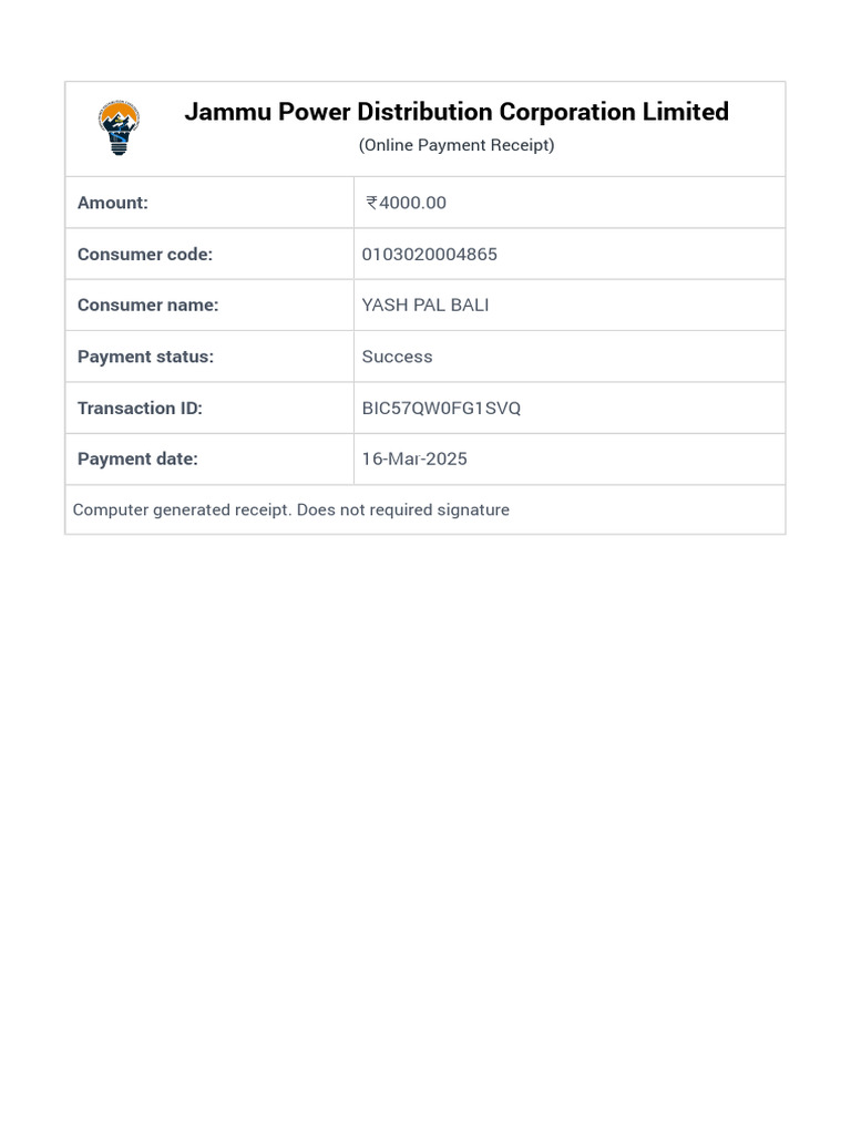 Jammu Power Payment Receipt - Yash Pal Bali | PDF