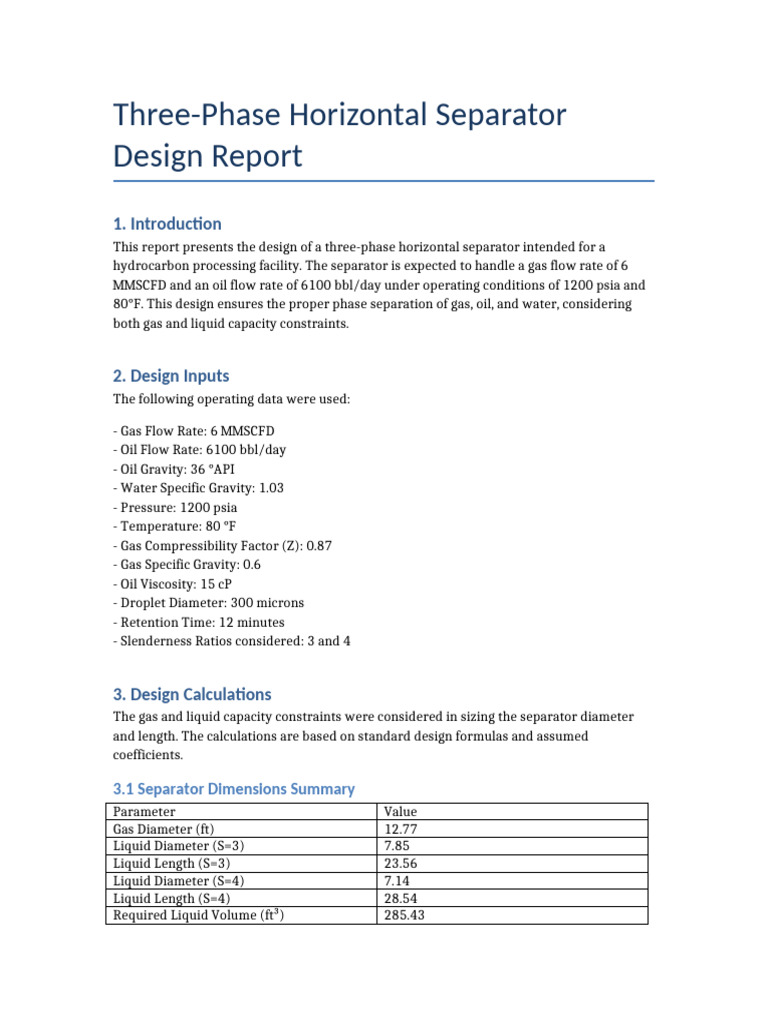 Three Phase Separator Design Report | PDF
