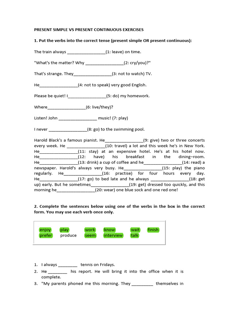 Present Simple vs Continuous Exercises | PDF