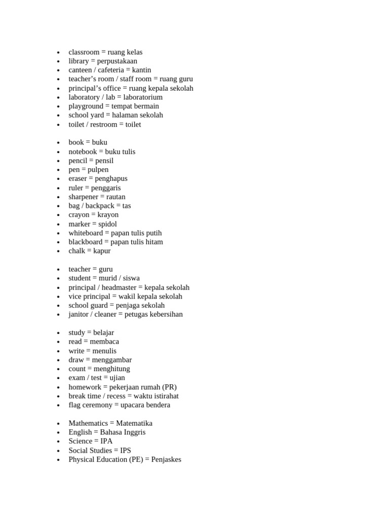 Indonesian School Vocabulary Guide | PDF