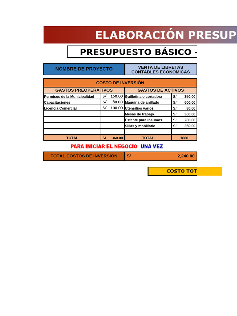 Presupuesto Proyecto de Emprendimiento | PDF
