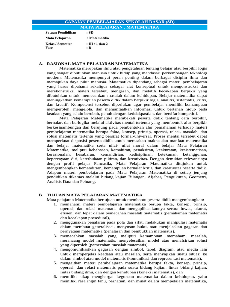 Capaian Pembelajaran Matematika SD Kelas 3 | PDF