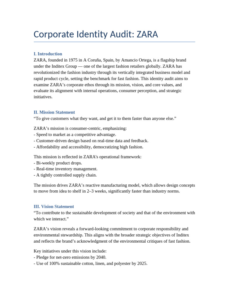 ZARA's Corporate Identity and Values Audit | PDF | Brand | Fashion