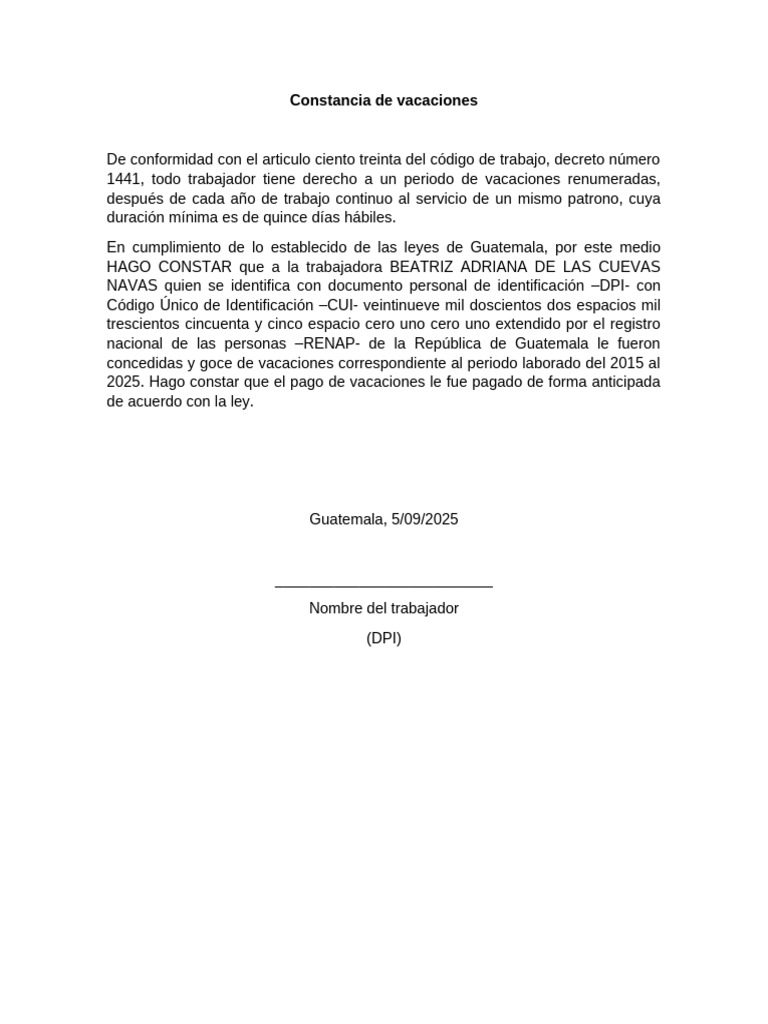 Constancia de Vacaciones Laborales 2025 | PDF