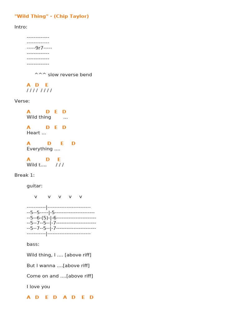 Wild Thing Song Lyrics and Tabs | PDF