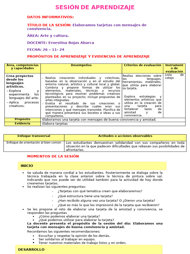 Sesión de Arte y Cultura 26 - 11 - 24 | PDF | Evaluación | Aprendizaje