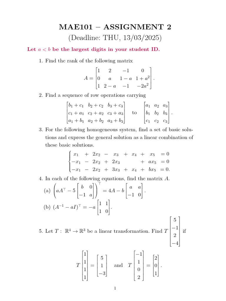 MAE101 Assignment 2: Matrix Operations | PDF