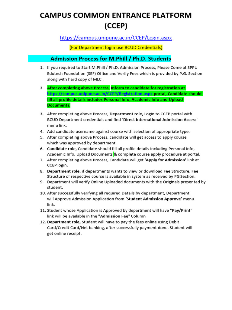 CCEP Login Guide for M.Phil/Ph.D. Admissions | PDF