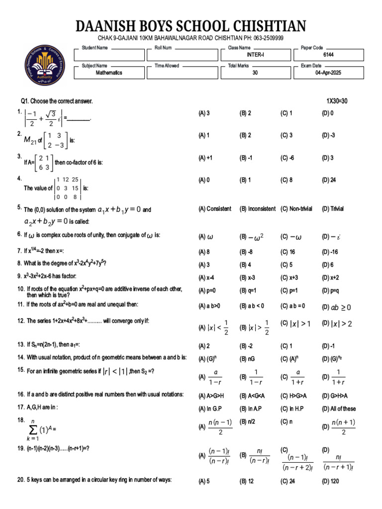 Mathematics Multiple Choice Questions | PDF | Mathematics ...