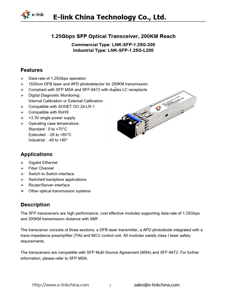 1.25Gbps SFP Optical Transceiver 200KM | PDF | Electrical Engineering ...