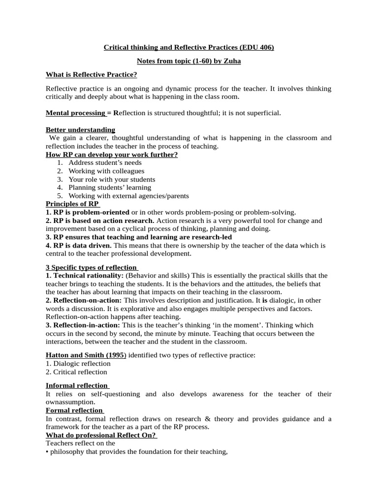 Reflective Practices in Teaching (EDU 406) | PDF | Reflective Practice ...