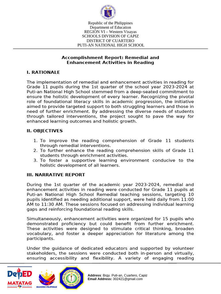 Puti-an National High School Reading Report | PDF | Reading ...