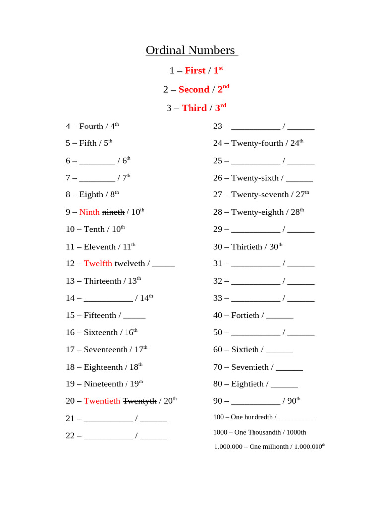 Complete List of Ordinal Numbers | PDF