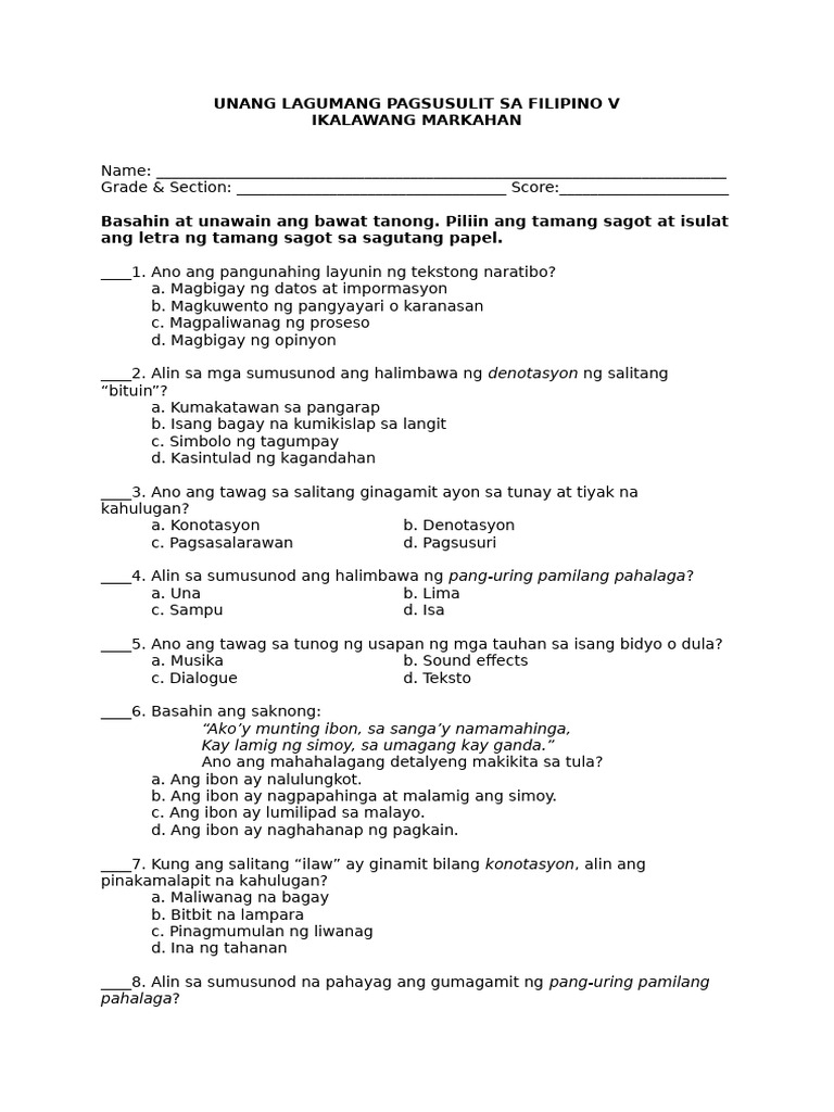 1st Summative q2 Filipino V | PDF